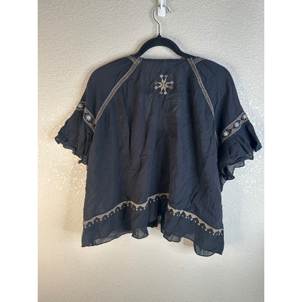 Free People Boho Black Embroidered Mirror Work Peasant Top Size Medium - Picture 6 of 10